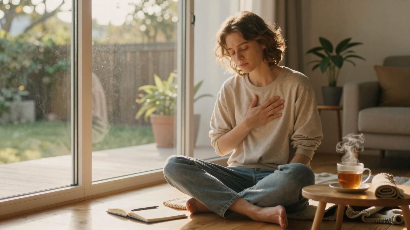Pessoa sentada no chão a meditar com a mão no peito, junto a janela, chá quente e caderno aberto.