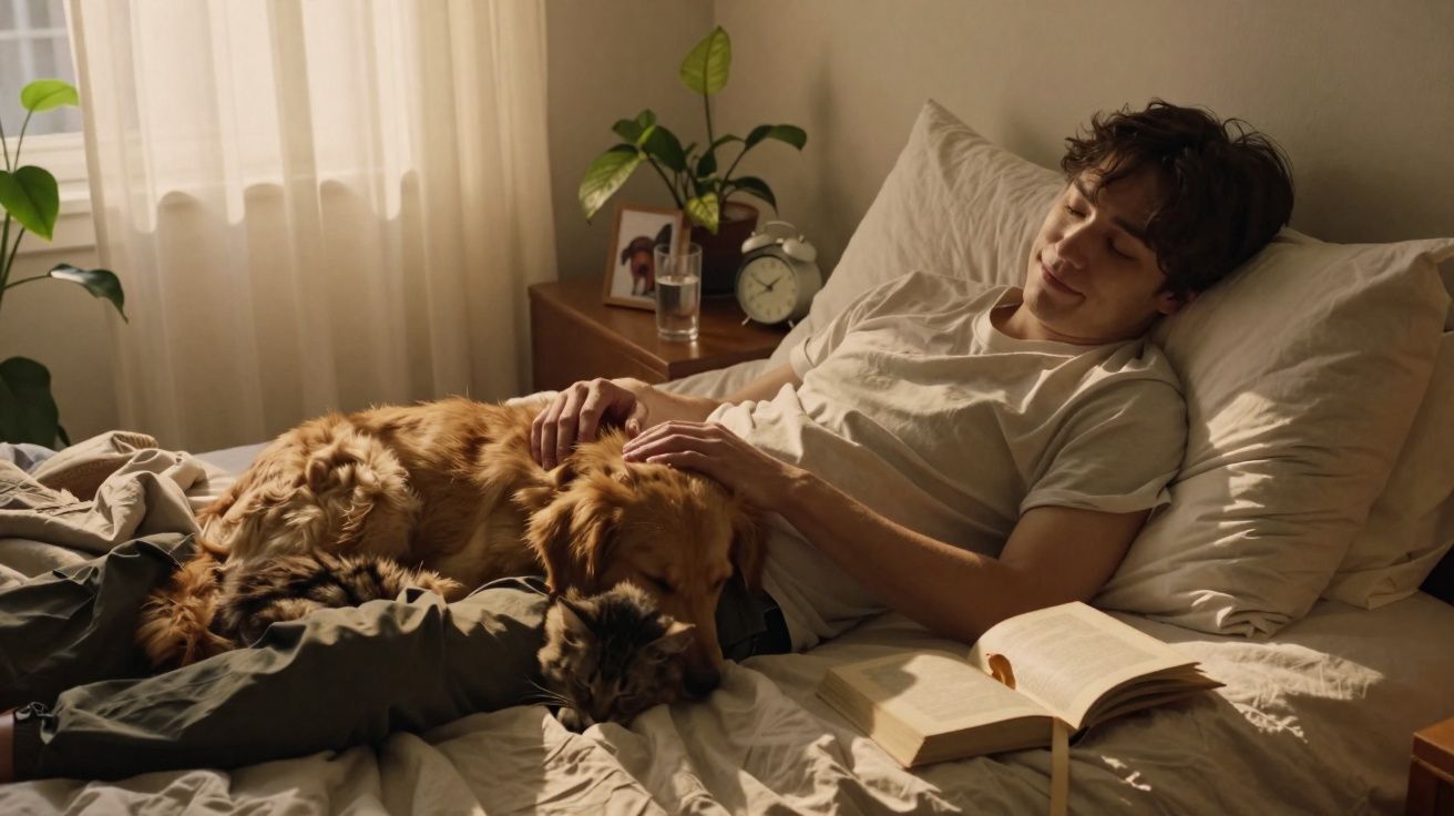 Homem deitado na cama a acariciar cão e gato, com livro aberto ao lado, luz natural entra pela janela.