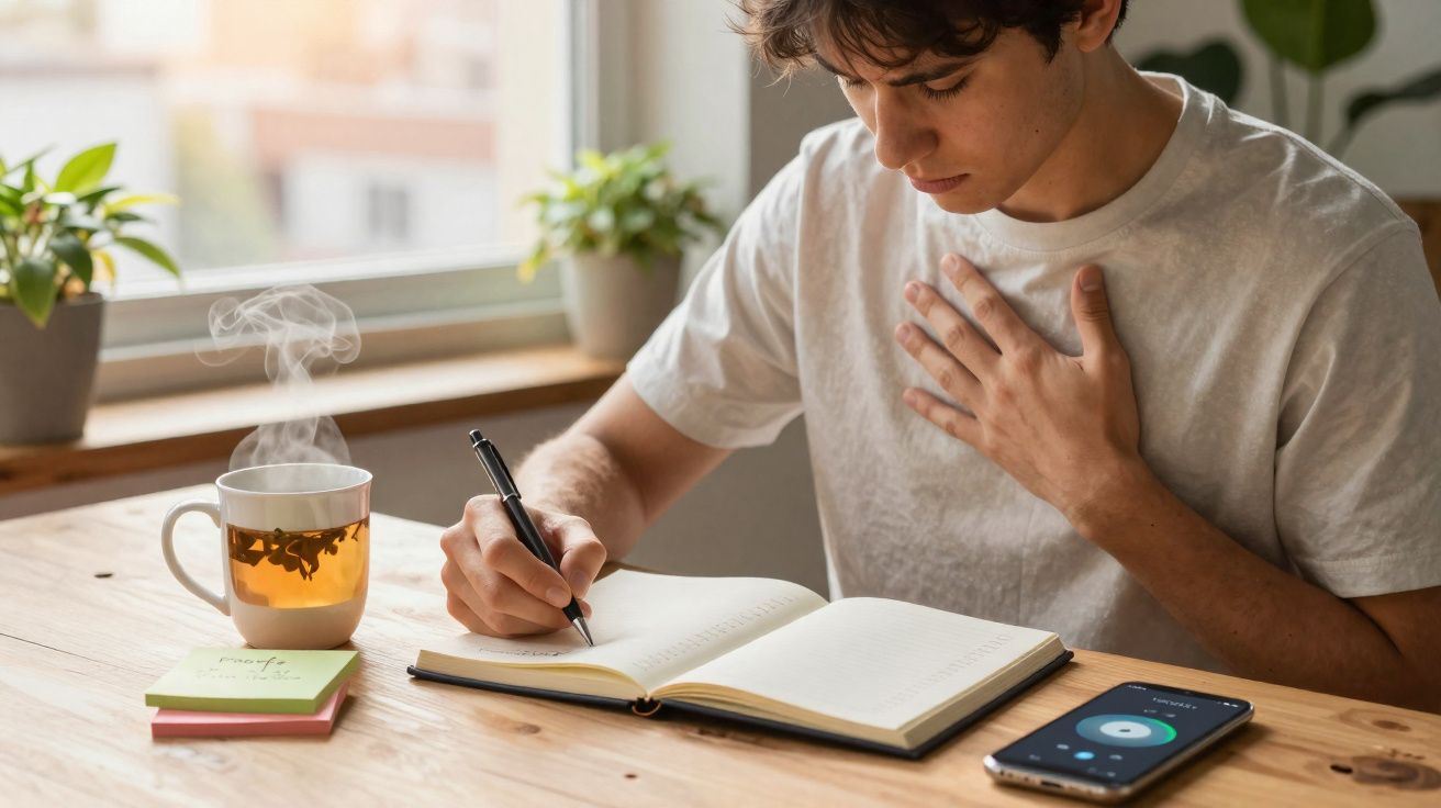 Jovem sentado a escrever num caderno, com chá quente e telemóvel numa mesa junto à janela.