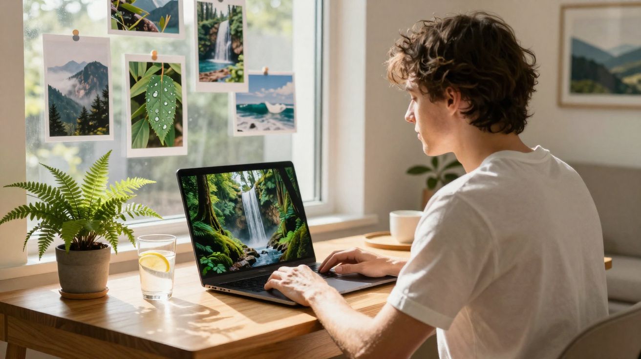 Jovem a trabalhar num computador com imagem de cascata, numa mesa com planta, copo de água e fotos na janela.
