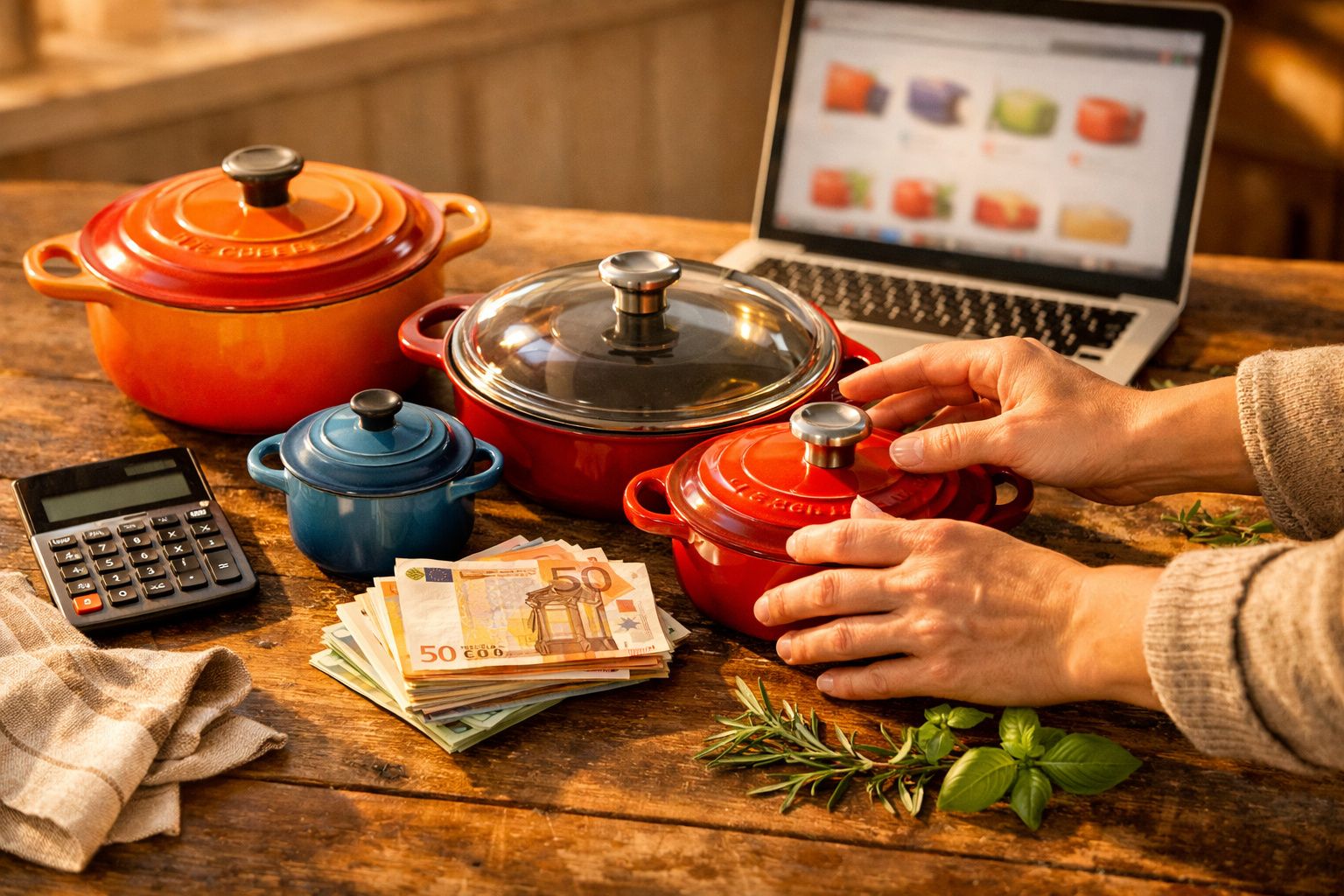 Mãos a fechar caçarola vermelha com outras caçarolas, dinheiro, calculadora e computador numa mesa de madeira.