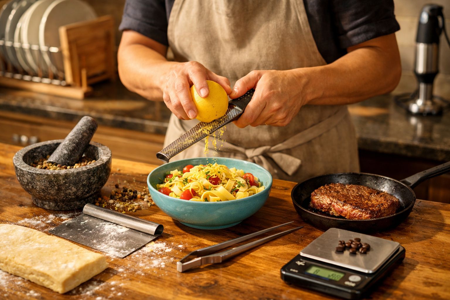 Pessoa a ralar limão sobre massa com tomate, ao lado de bife na frigideira e utensílios de cozinha.