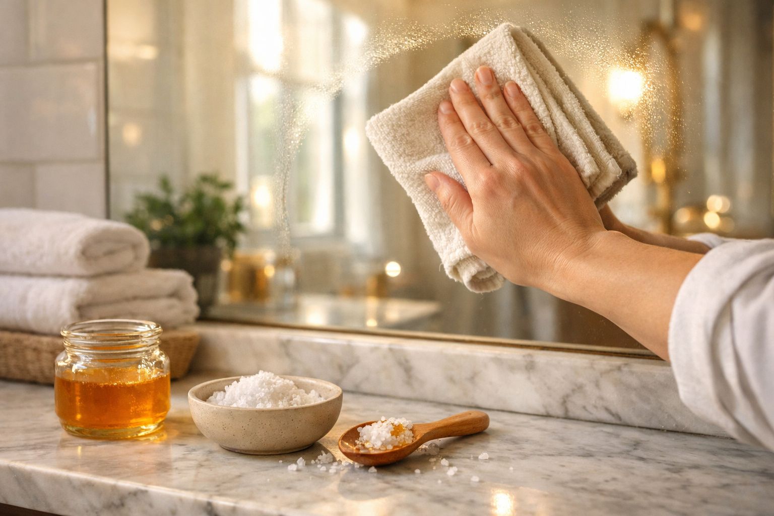Mão a limpar espelho com pano, jarra de mel, taça e colher com sal grosso sobre bancada de mármore.