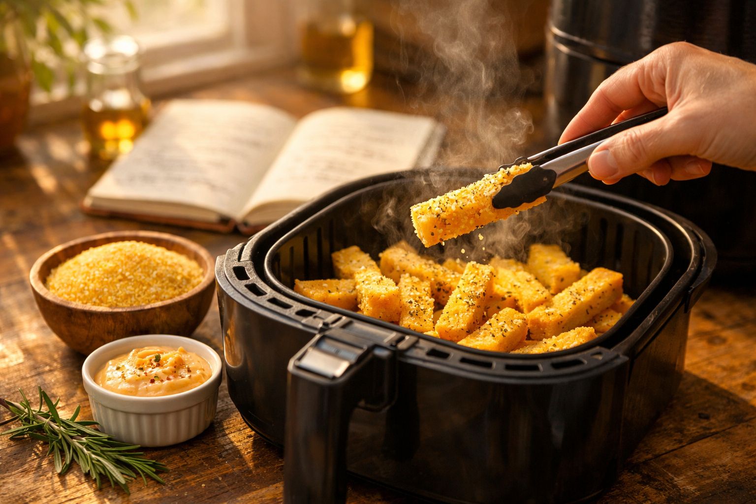 Palitos de batata polvilhados com ervas frescas a sair fumegantes de uma fritadeira sem óleo.