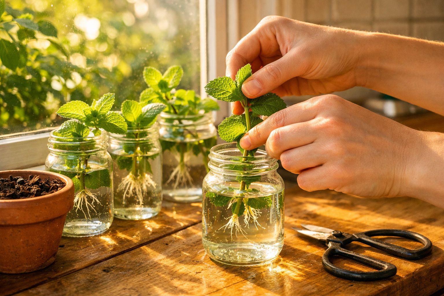 Mãos a colocar raminho de hortelã com raízes em jarro de vidro com água numa janela ensolarada.