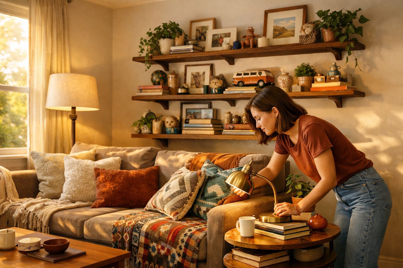 Mulher ajusta candeeiro dourado numa sala acolhedora com sofá, almofadas coloridas e estantes decoradas.