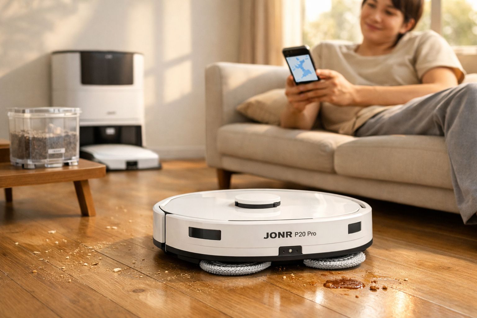 Robô aspirador a limpar chão de madeira com homem no sofá a controlar pelo telemóvel.