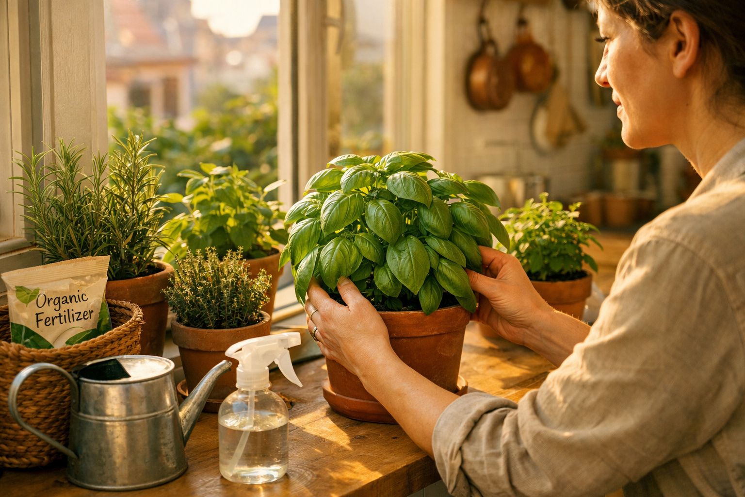 Pessoa a cuidar de plantas aromáticas em vasos numa cozinha iluminada pelo sol.