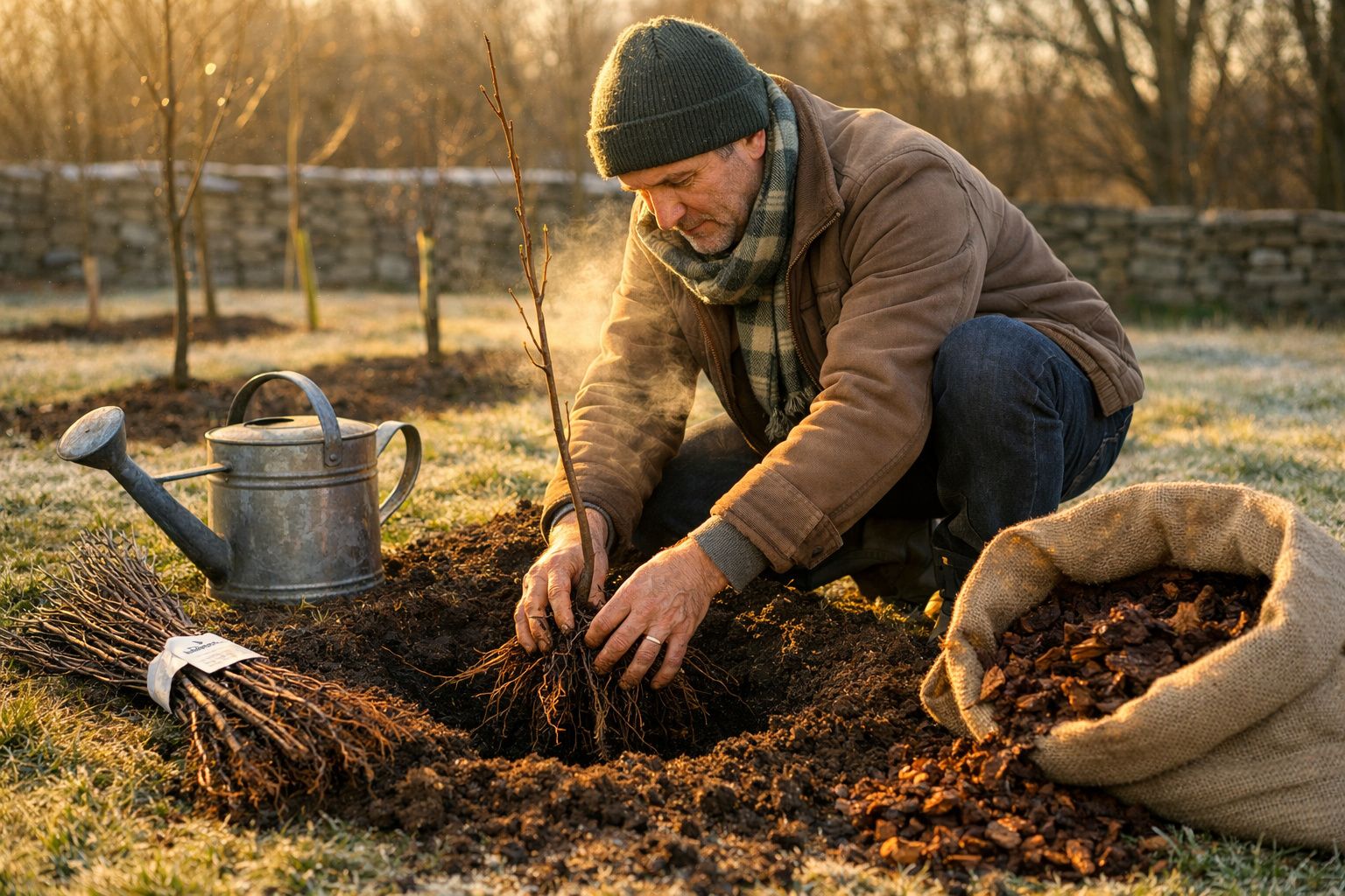 Homem a plantar uma árvore jovem no solo num dia frio de inverno, rodeado por regador e saco de casca de árvore.