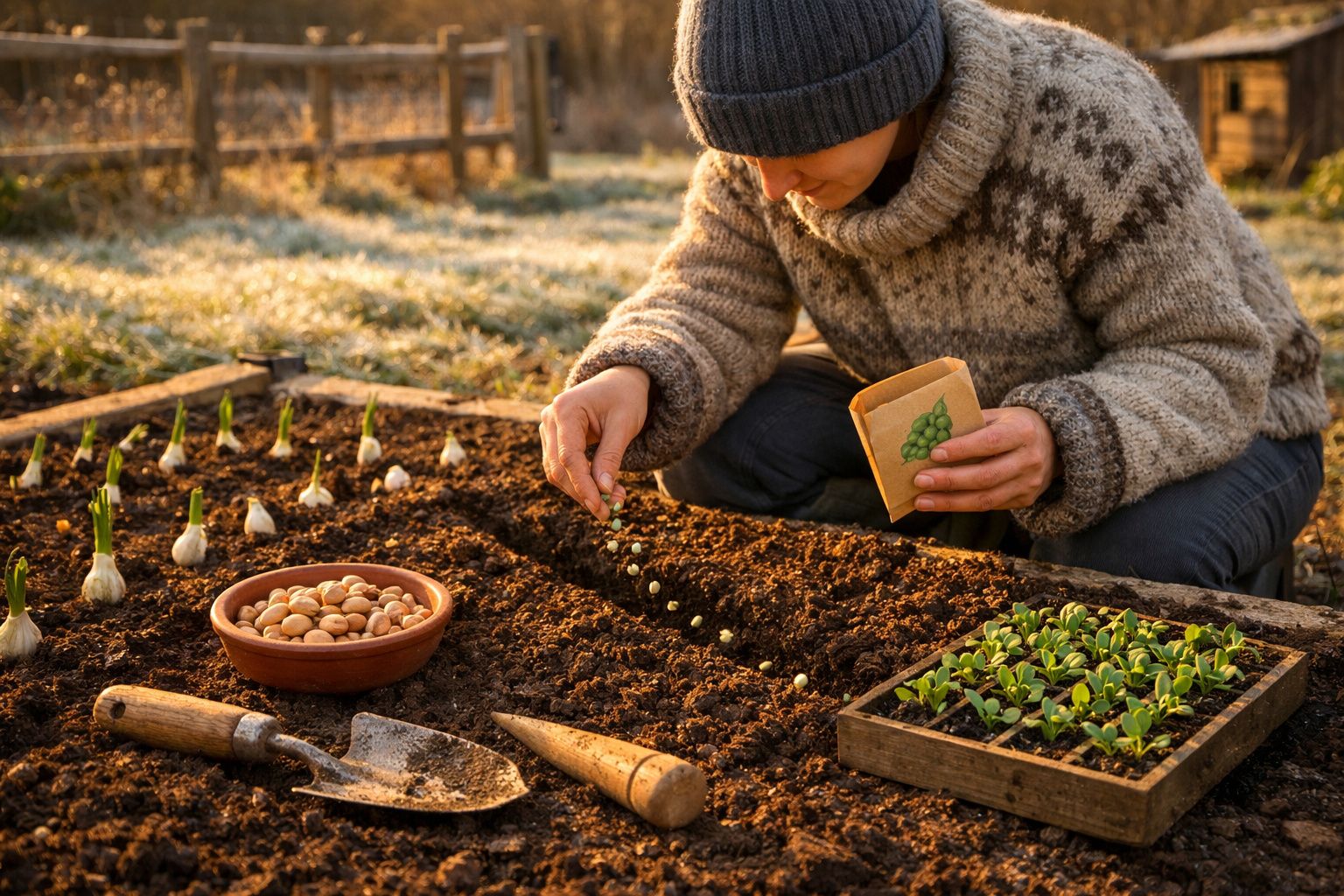Pessoa a semear sementes no solo de uma horta com mudas, ferramentas e cesta de bolotas ao lado.