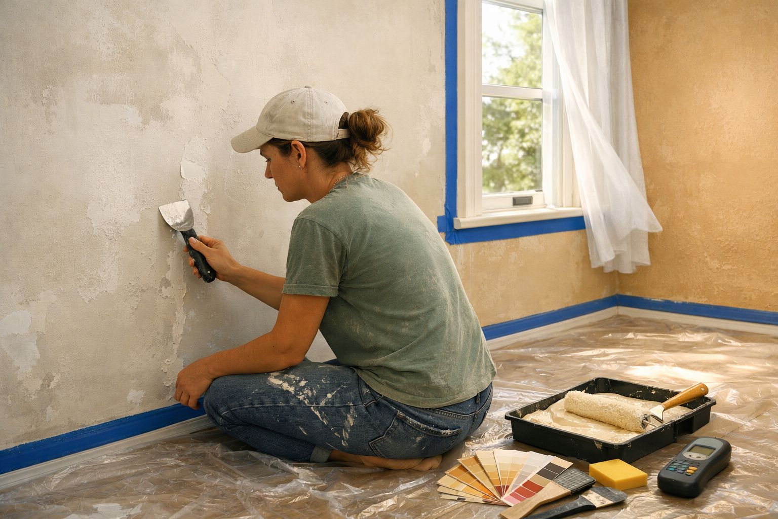 Mulher a preparar parede para pintura num quarto, usando espátula, com materiais de pintura no chão.