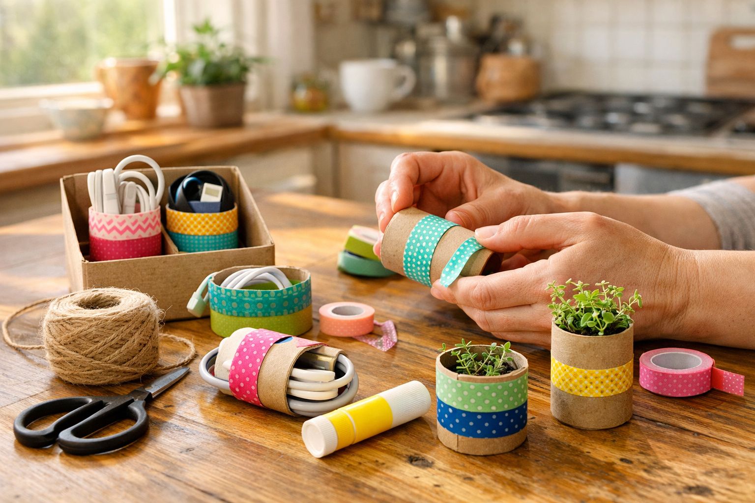 Mãos a decorar rolos de papel para organizar cabos e plantar pequenas plantas numa mesa de madeira.