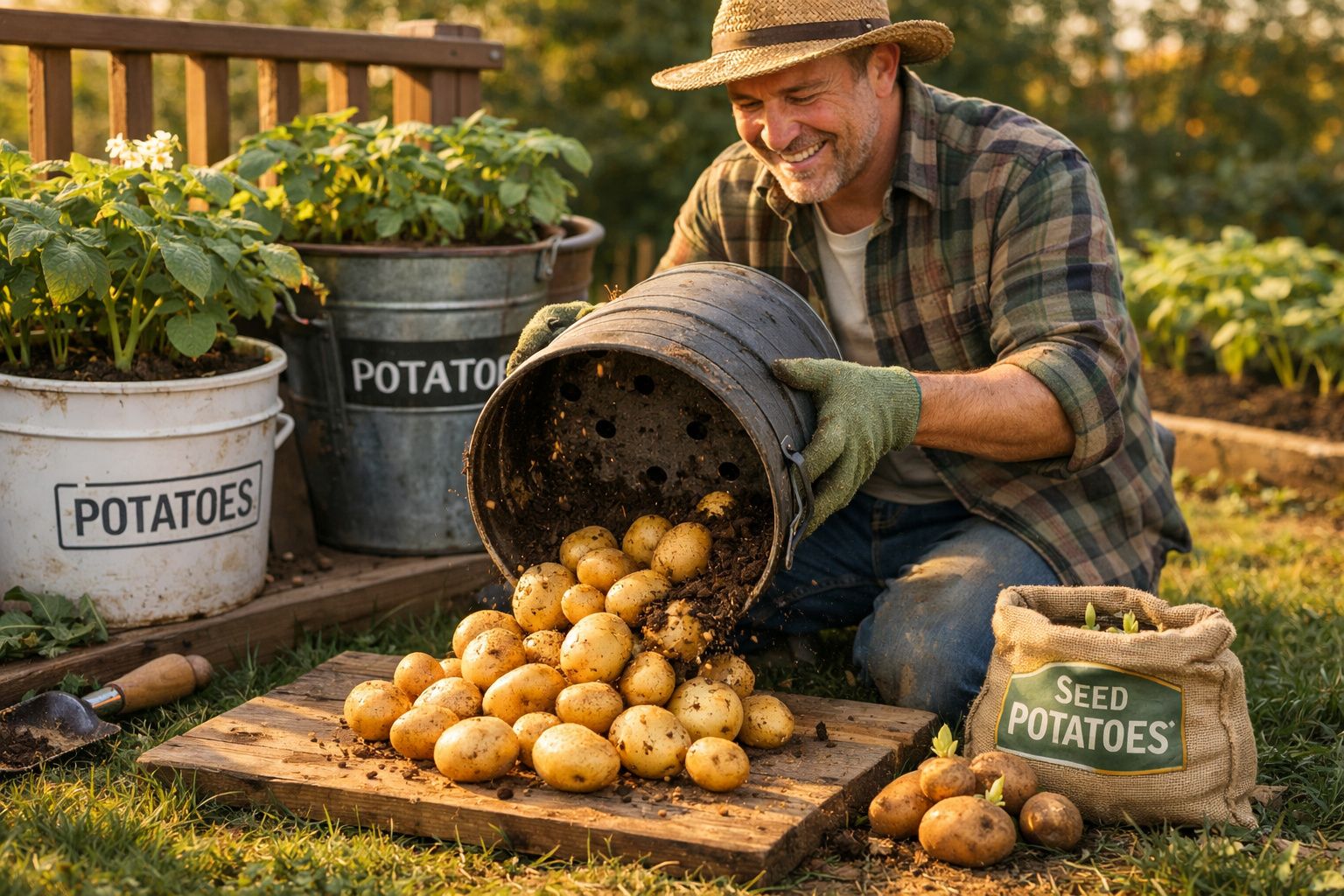 Homem a colher batatas frescas de um balde no jardim, rodeado de plantas e sacos de batatas.