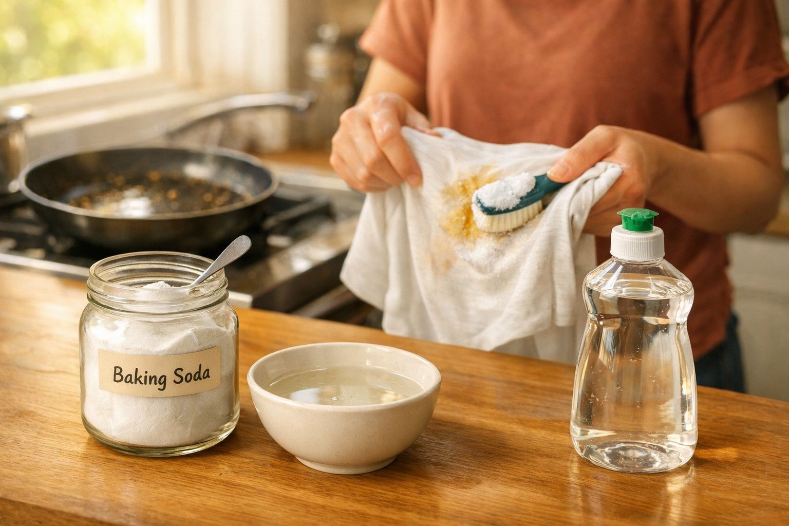 Pessoa a esfregar nódoa numa peça de roupa com bicarbonato de sódio, água e detergente na cozinha.
