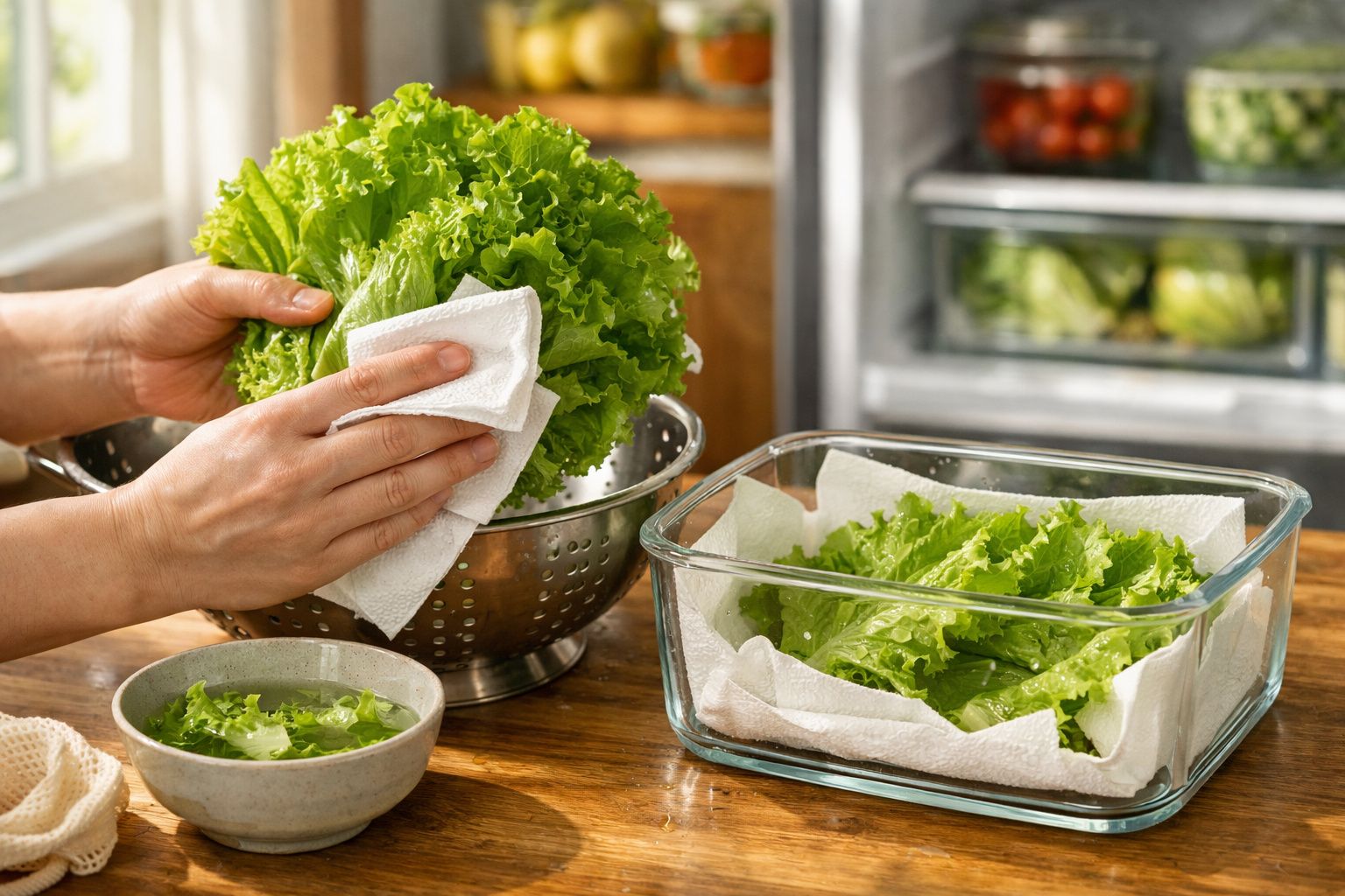 Pessoa a secar folhas de alface com papel enquanto prepara uma salada numa cozinha iluminada.