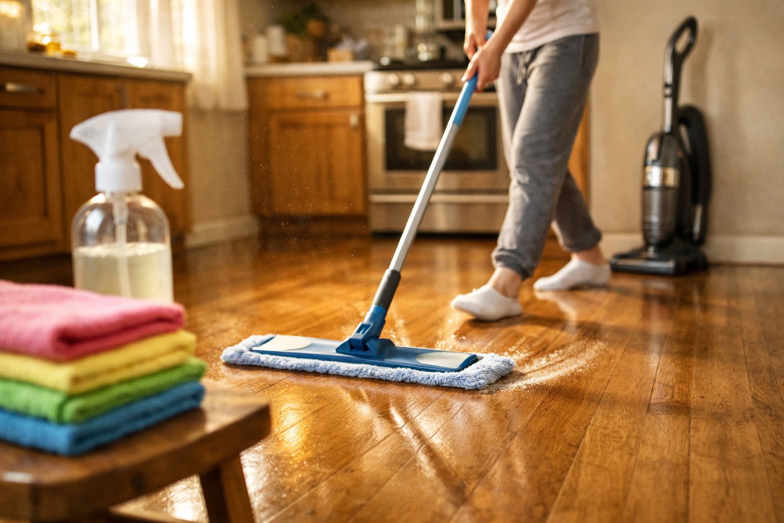 Pessoa a limpar chão de madeira com esfregona azul numa cozinha iluminada, com panos coloridos e spray de limpeza.