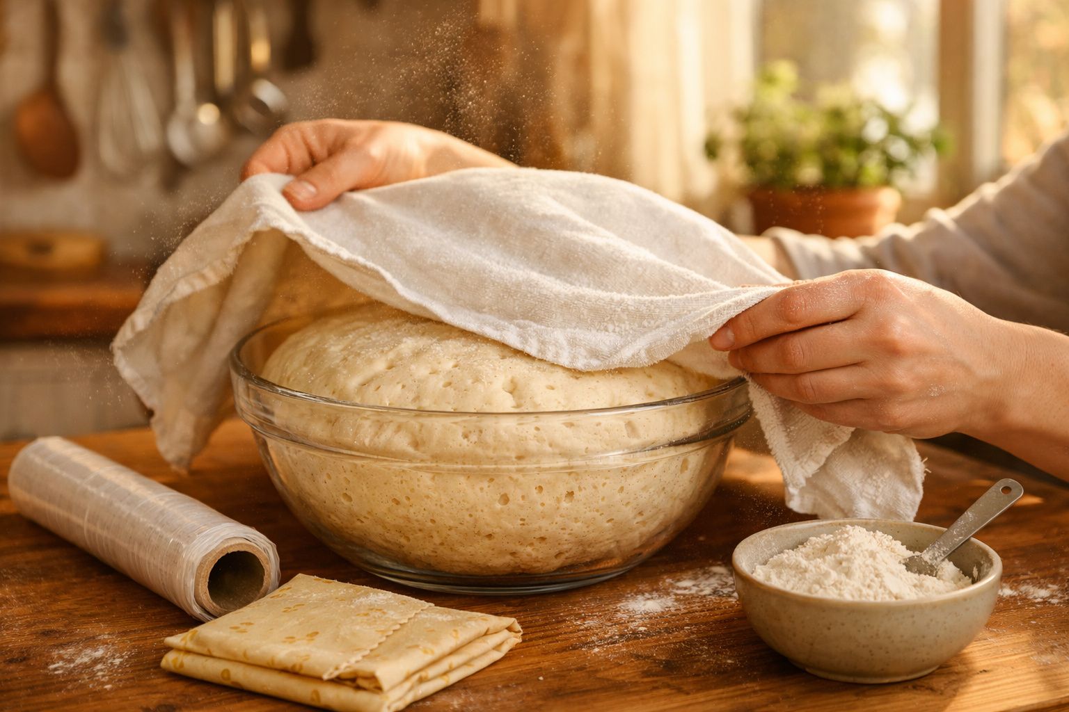 Mãos a descobrirem massa de pão levedada numa tigela de vidro coberta com pano branco numa cozinha.