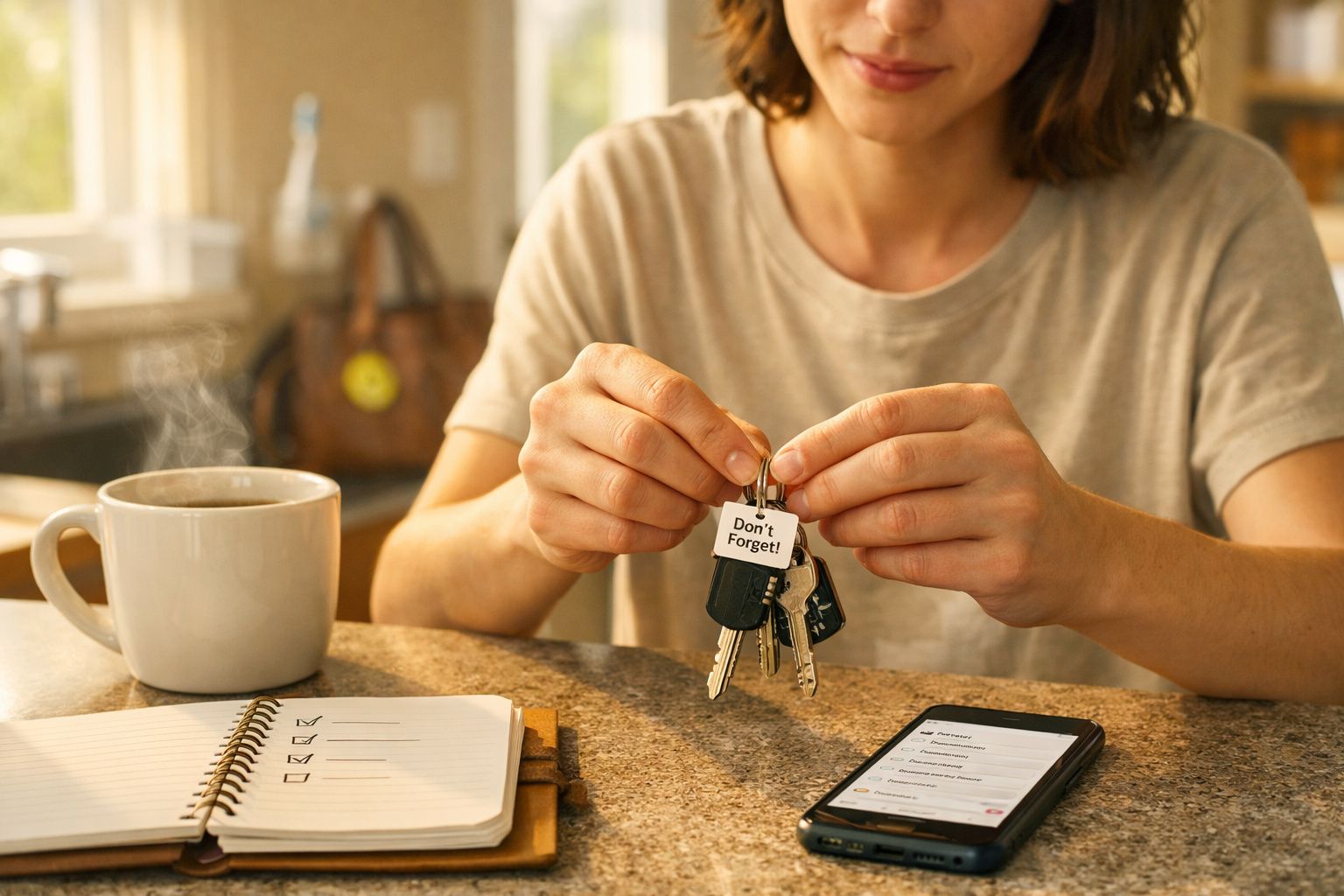 Pessoa a segurar chaveiros com nota "Don't Forget!" junto a agenda, telemóvel e caneca numa mesa.