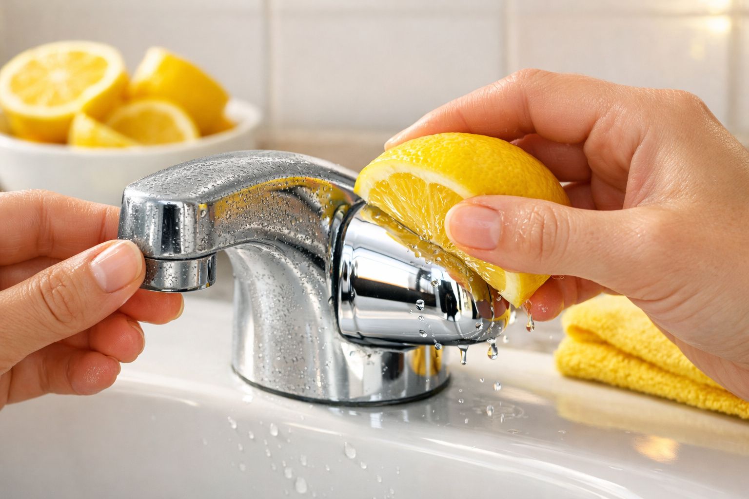 Mãos a espremer um limão num torneira de lavatório com gotas de limão e água a cair.
