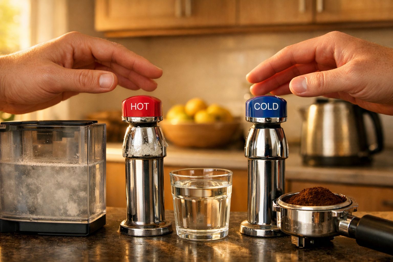 Mãos prestes a pressionar botões de torneiras para água quente e água fria numa cozinha.