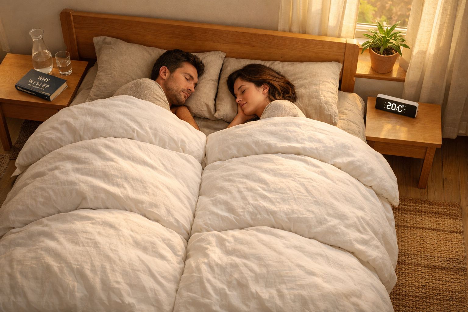 Casal a dormir num quarto com roupa de cama branca, despertador digital e plantas ao lado da cama.