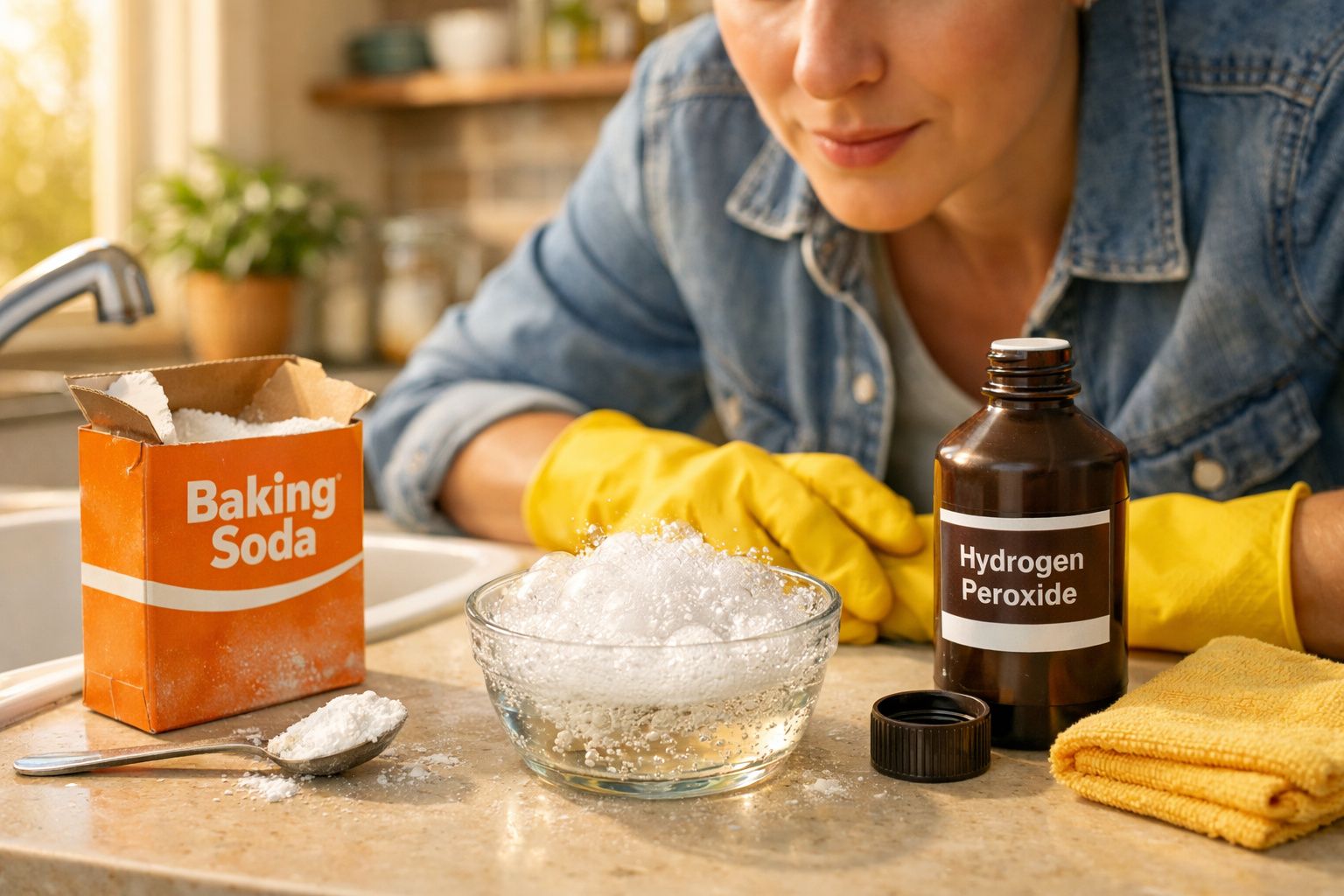 Mulher com luvas amarelas prepara solução efervescente com bicarbonato de sódio e peróxido de hidrogênio.