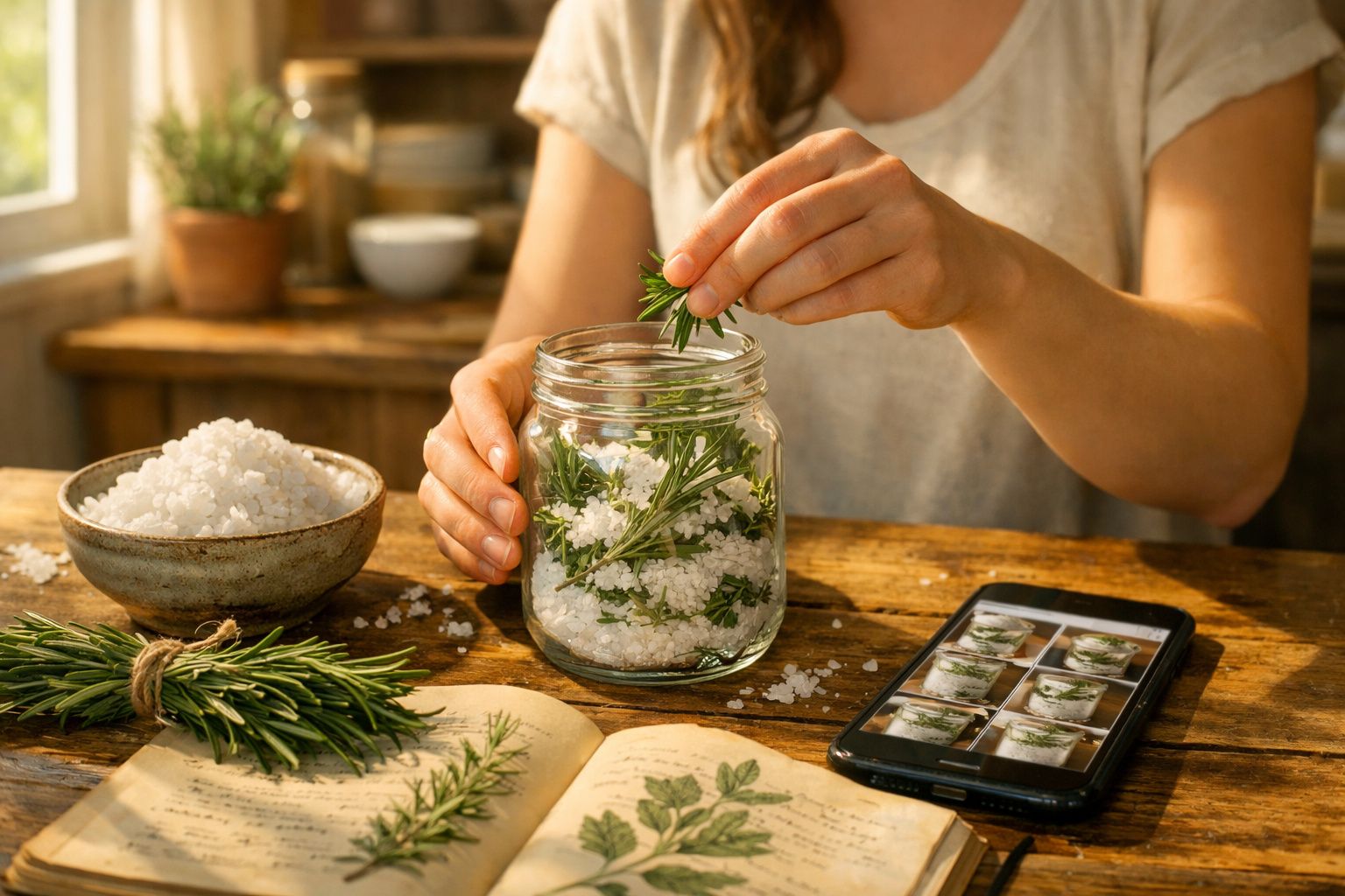 Pessoa a preparar saleiro com sal grosso e ramos de alecrim numa cozinha iluminada a luz natural.