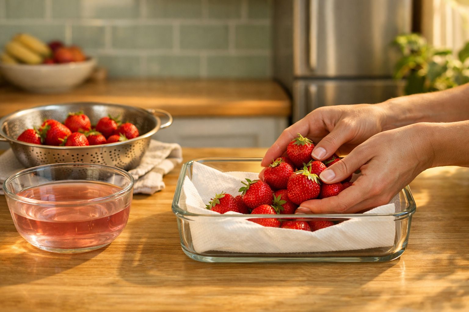 Mãos a colocar morangos numa travessa de vidro com toalhete, ao lado de taça com água rosa e passador com morangos.