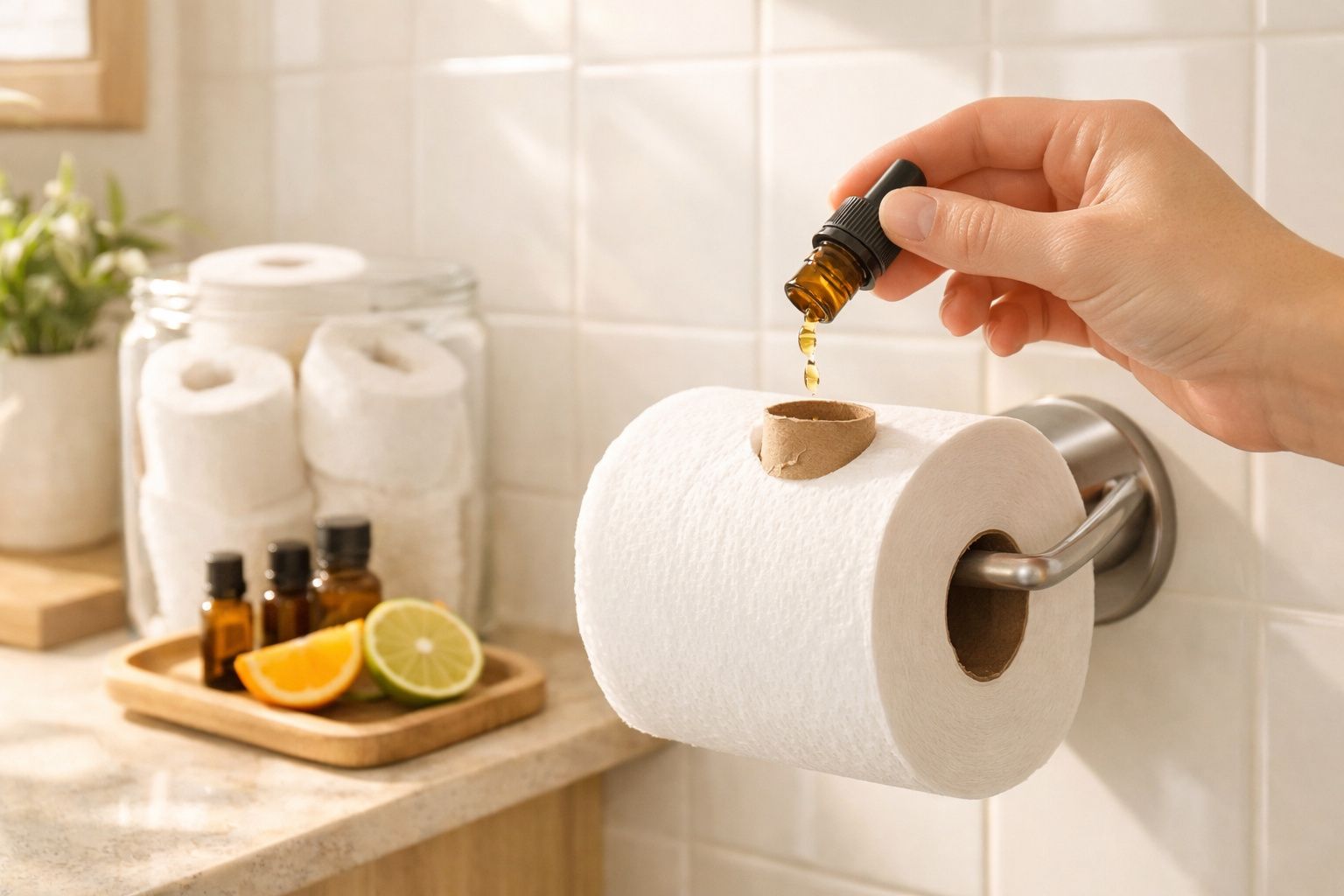 Mão a aplicar gotas de aroma cítrico num rolo de papel higiénico numa casa-de-banho clara e organizada.