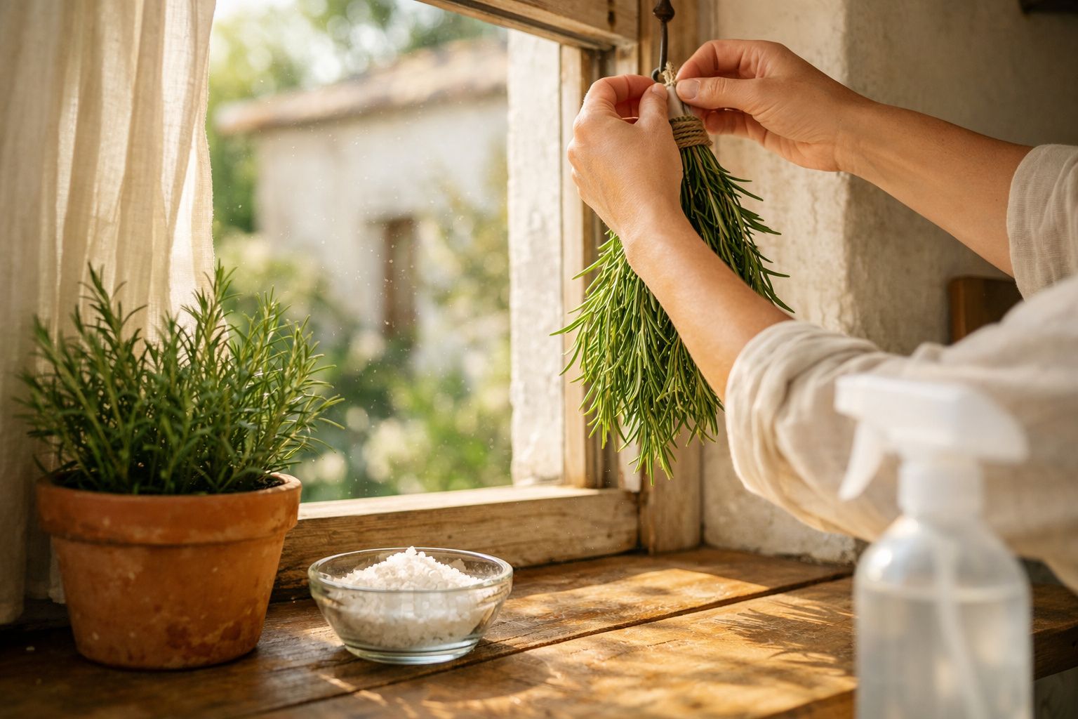 Mãos a pendurar raminho de alecrim junto a janela com vaso de alecrim, sal grosso e borrifador num ambiente iluminado.