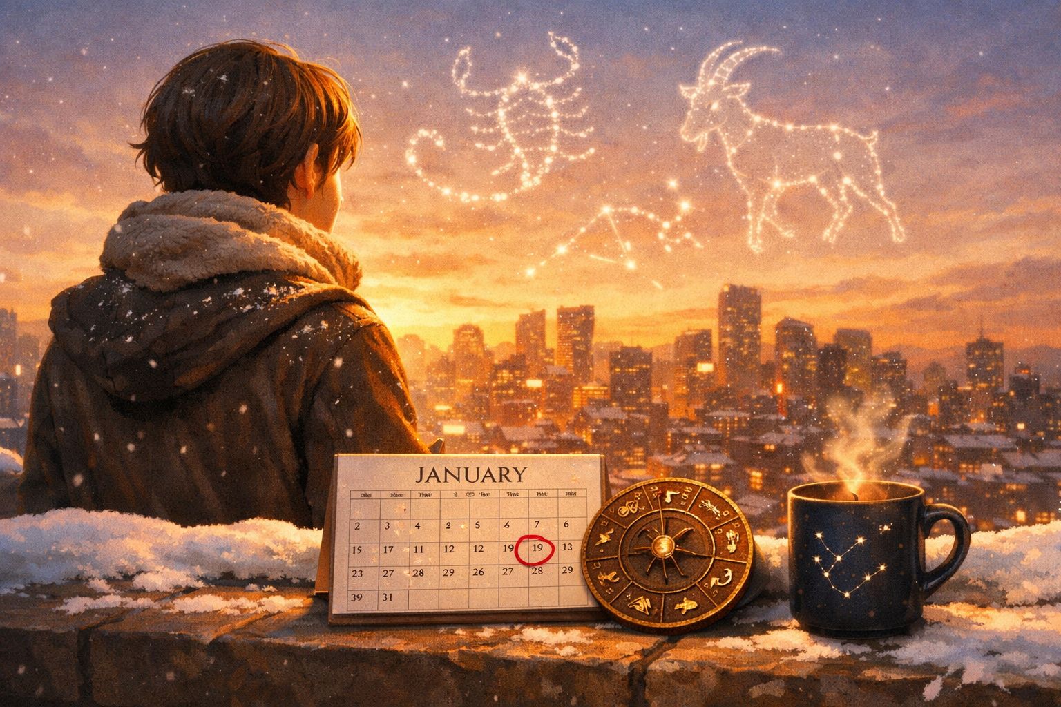 Criança observa céu ao pôr do sol, com signos do zodíaco em luz, calendário em janeiro e chá quente ao lado.