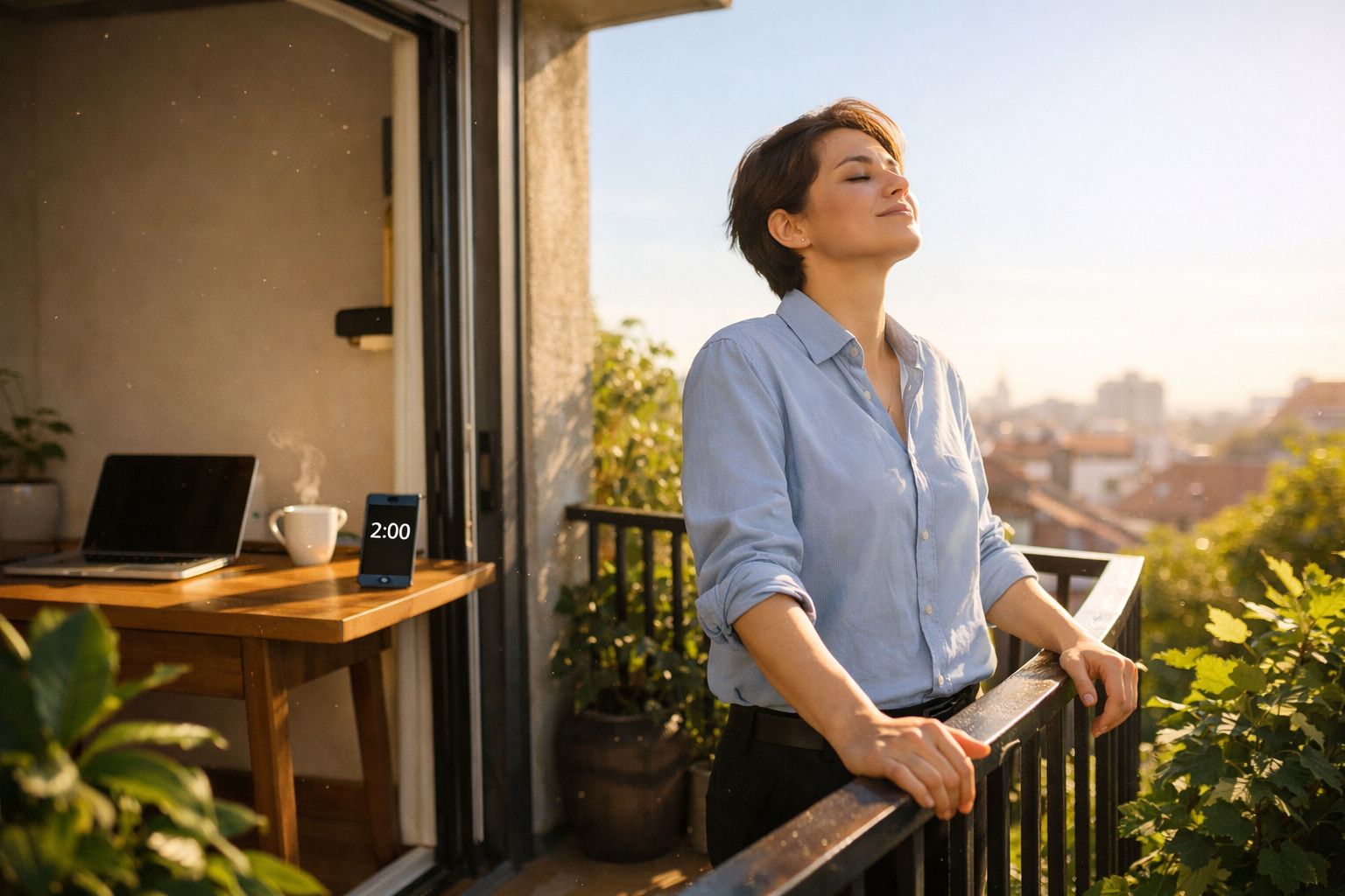 Mulher de olhos fechados a respirar ar puro numa varanda ensolarada com laptop e chá na mesa.