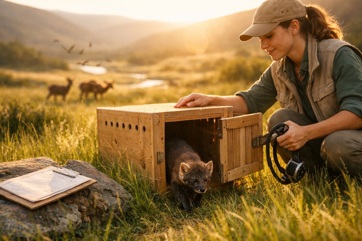 Mulher liberta raposa jovem de caixa de madeira em campo ao pôr do sol com veados ao fundo.
