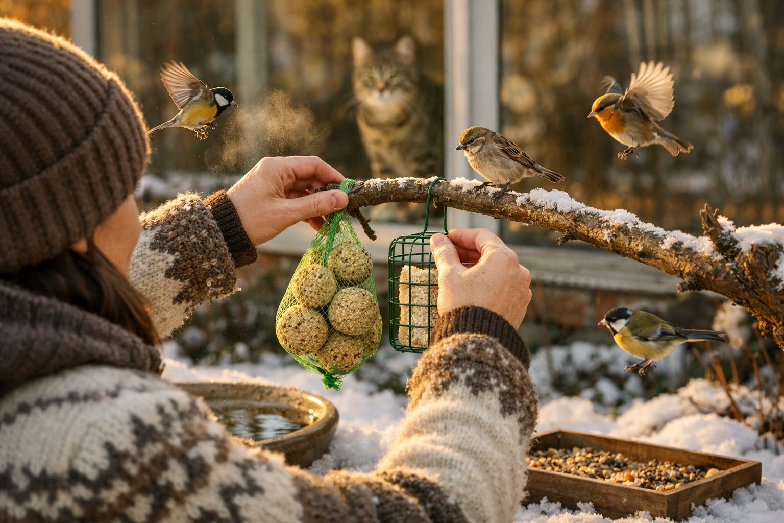 Pessoa a alimentar pássaros no inverno, com galho coberto de neve e gato ao fundo na janela.