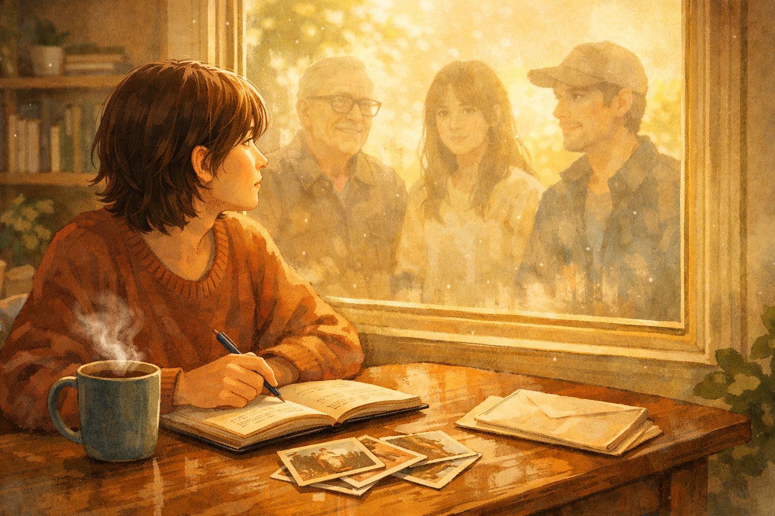 Jovem escreve num caderno junto a uma janela onde três pessoas olham com carinho do lado de fora.