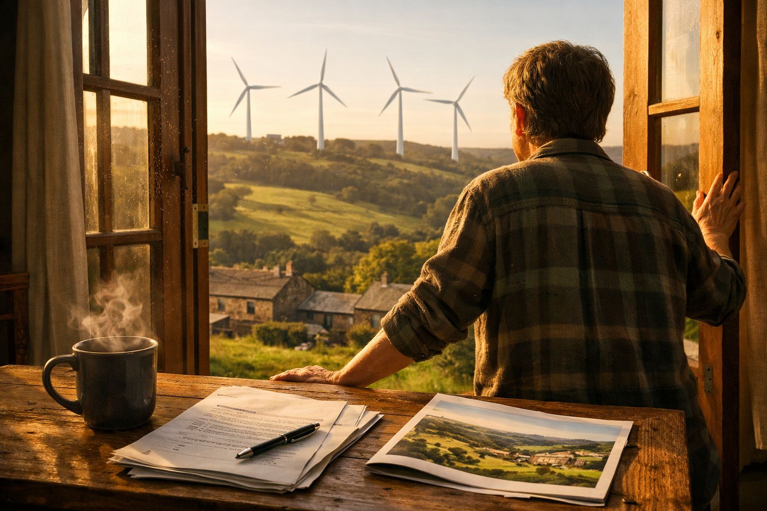 Homem olha pela janela aberta para campo com turbinas eólicas ao pôr do sol, café e documentos numa mesa.