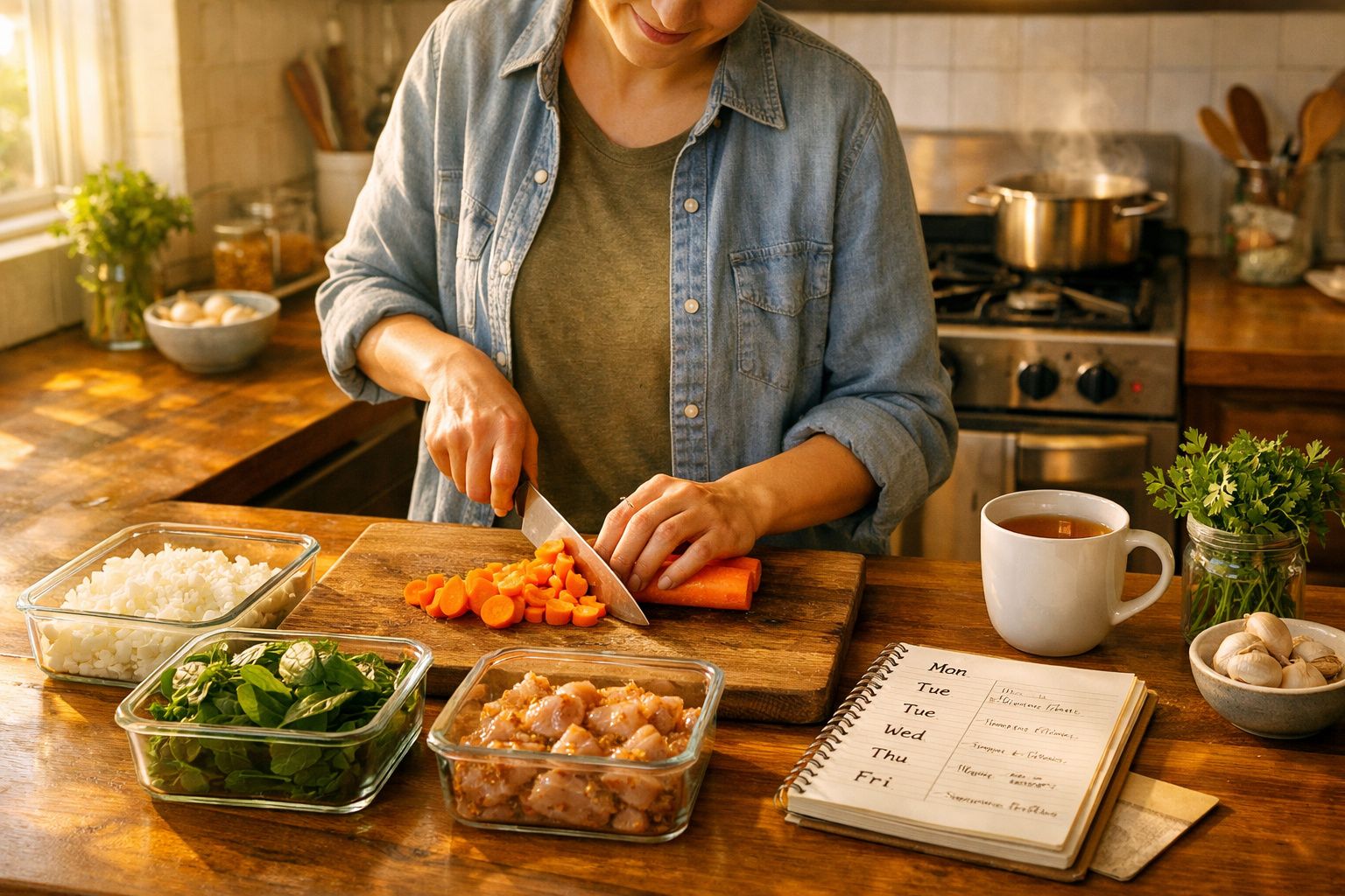 Pessoa a cortar cenoura numa tábua de madeira na cozinha, com ingredientes e caderno de receitas à volta.