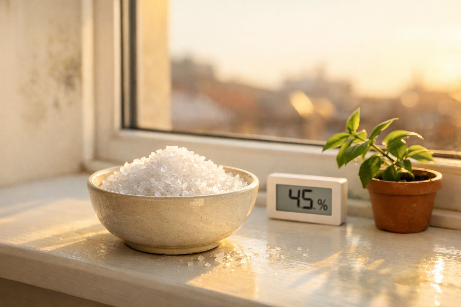 Taça com sal grosso, medidor digital a 45% e planta em vaso numa janela ensolarada.