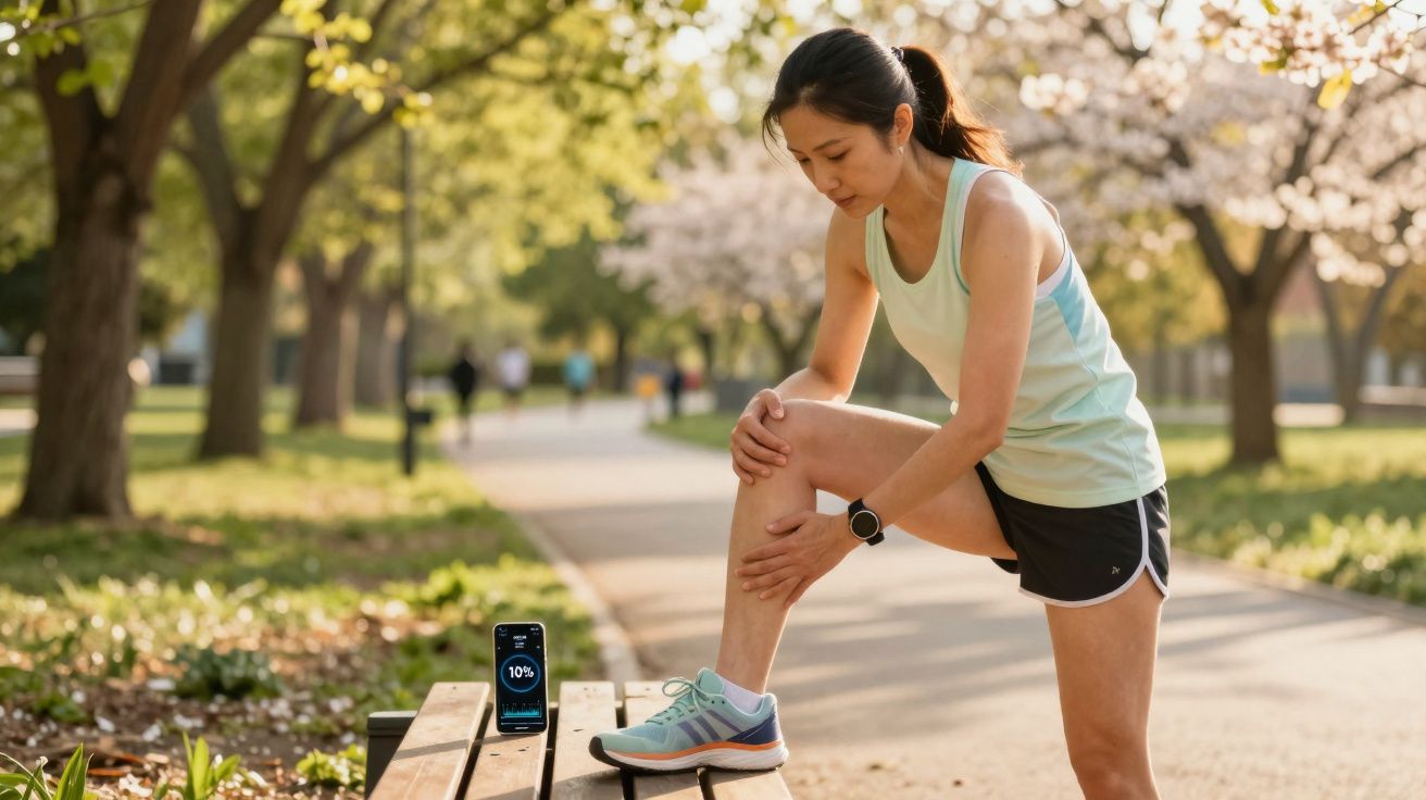Mulher com roupa de desporto a alongar a perna num parque com árvores floridas.