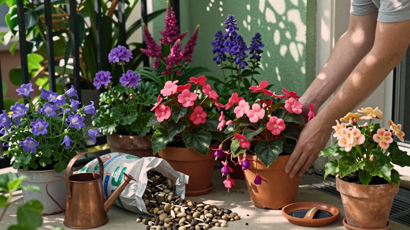 Mãos a cuidar de plantas com flores coloridas em vasos, regador e sementes espalhadas numa varanda ensolarada.