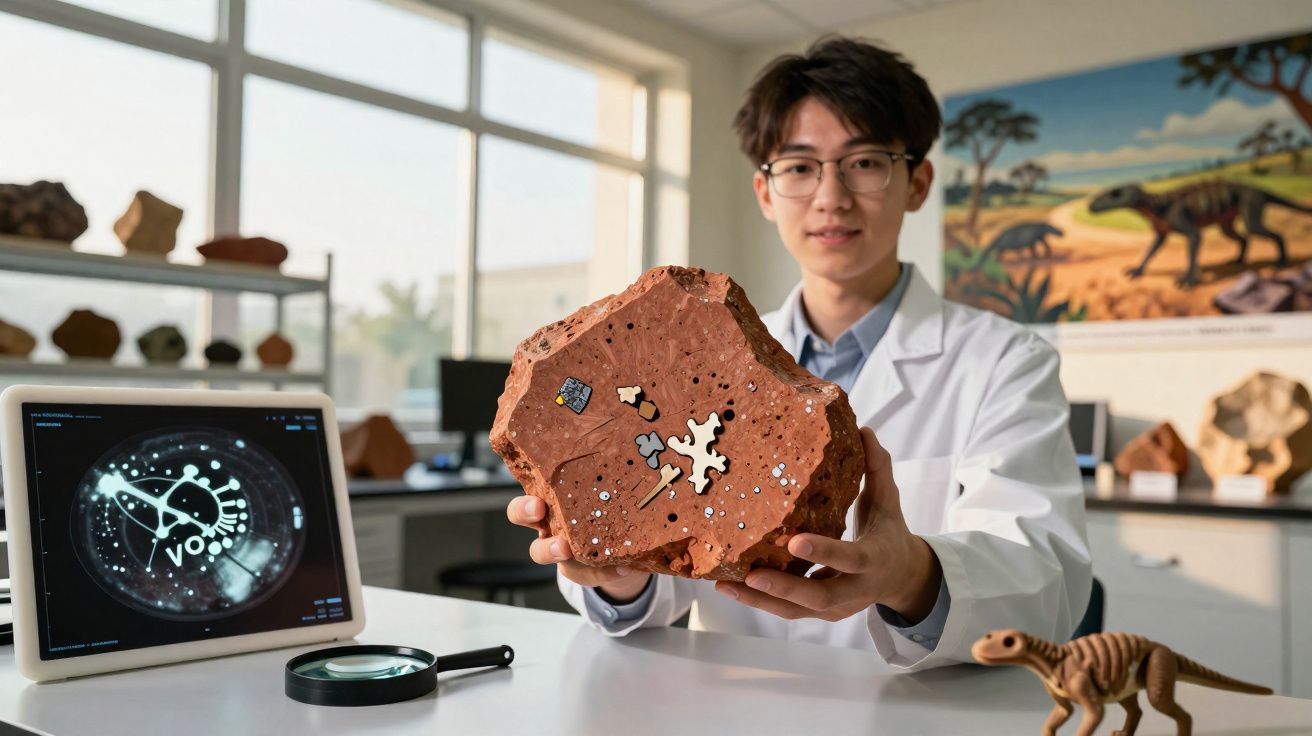 Cientista em laboratório a examinar um fragmento de rocha com fósseis de dinossauros, com tela e lupa na mesa.