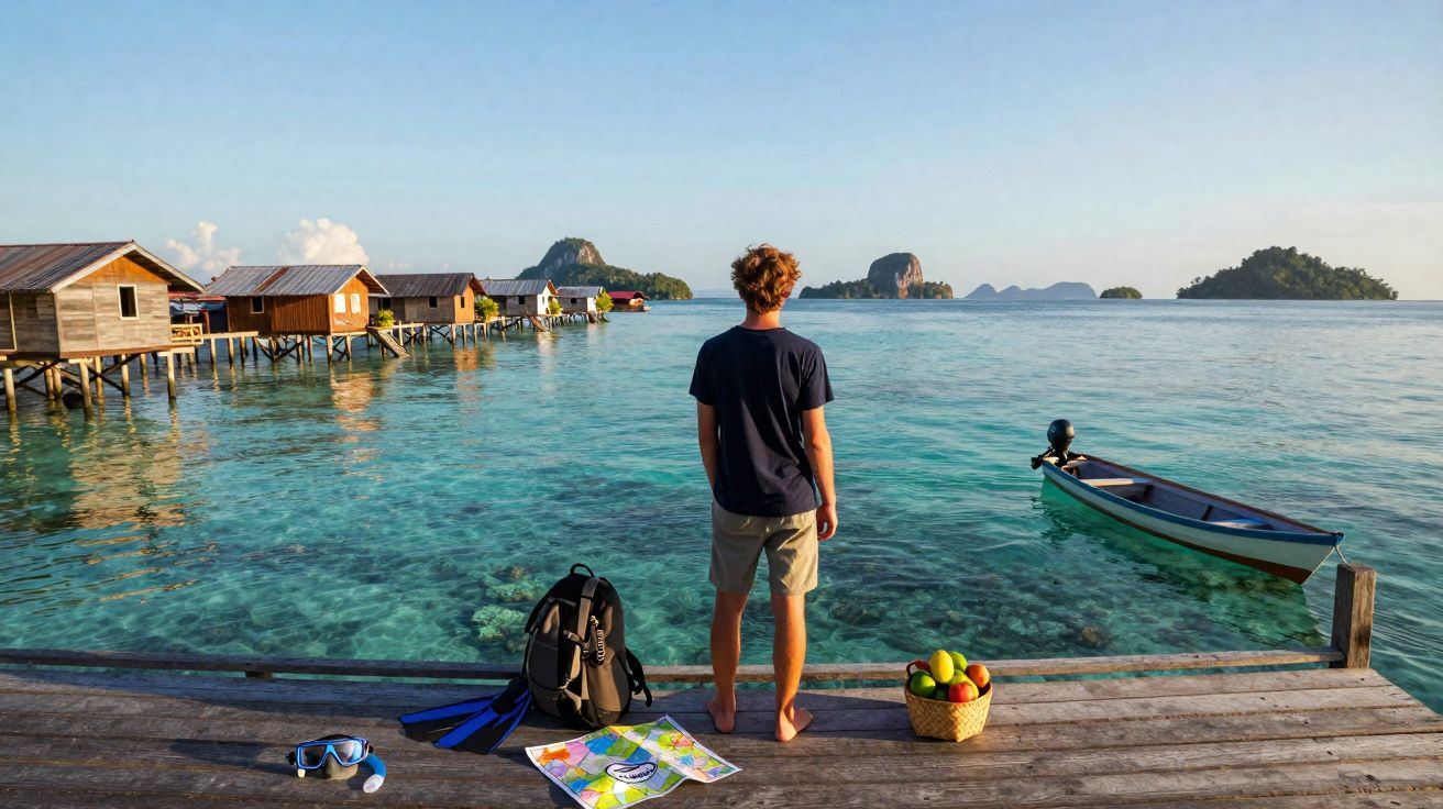 Jovem de pé num cais de madeira com vista para casas sobre a água cristalina e ilhas ao fundo.