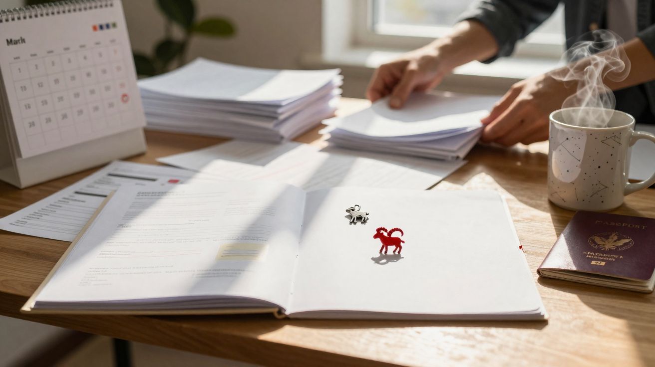Mesa de escritório com documentos, calendário de março, caneca fumegante e passaporte.
