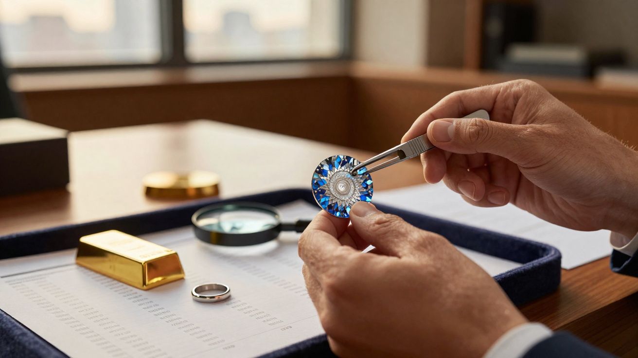 Mãos masculinas seguram com pinça uma pedra preciosa azul sobre mesa com lupa, barra de ouro e documento.