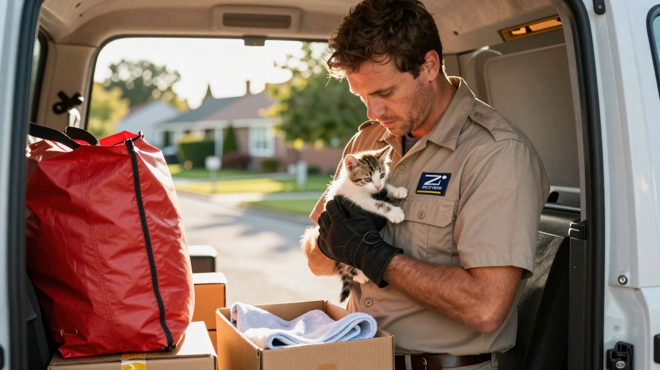 Entrega ao domicílio com homem a segurar um gatinho dentro de carrinha com caixas e saco vermelho.
