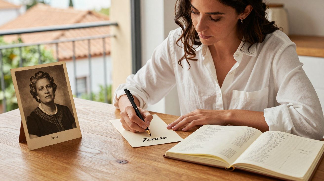 Mulher escreve o nome Teresa num papel ao lado de uma fotografia antiga numa mesa de madeira.