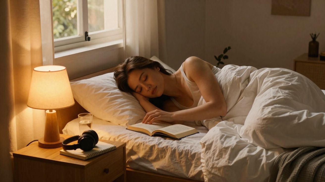 Mulher jovem a dormir na cama com livro aberto ao lado, luz suave de candeeiro e janela perto.