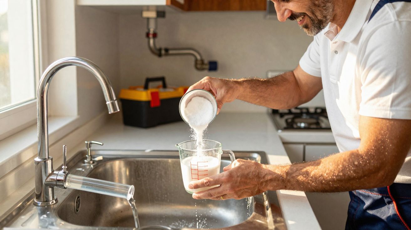 Homem a medir e verter pó branco num copo de medição na cozinha junto à pia.