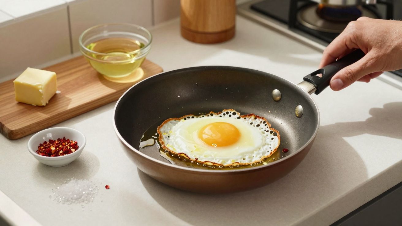 Ovo a fritar numa frigideira com manteiga, pimenta vermelha e azeite numa bancada de cozinha.