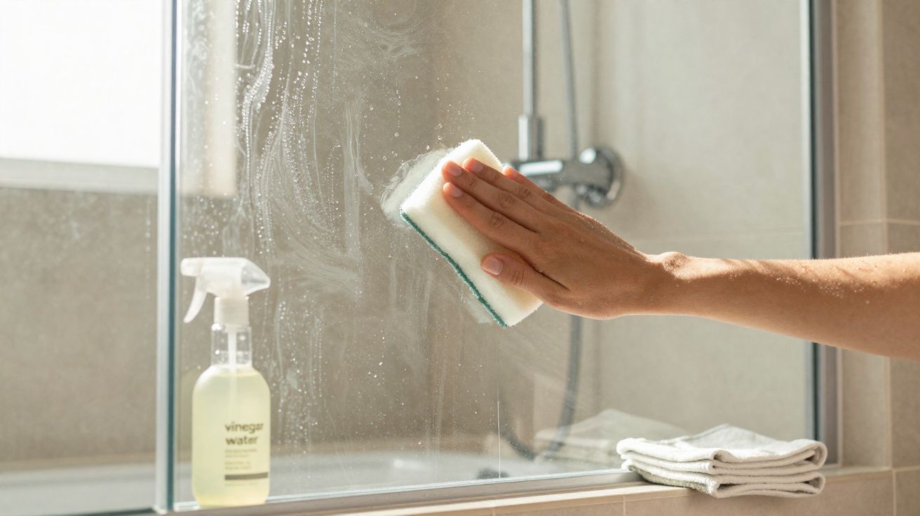 Mão a limpar um espelho do banheiro com uma esponja, ao lado garrafa de spray e toalhas dobradas.